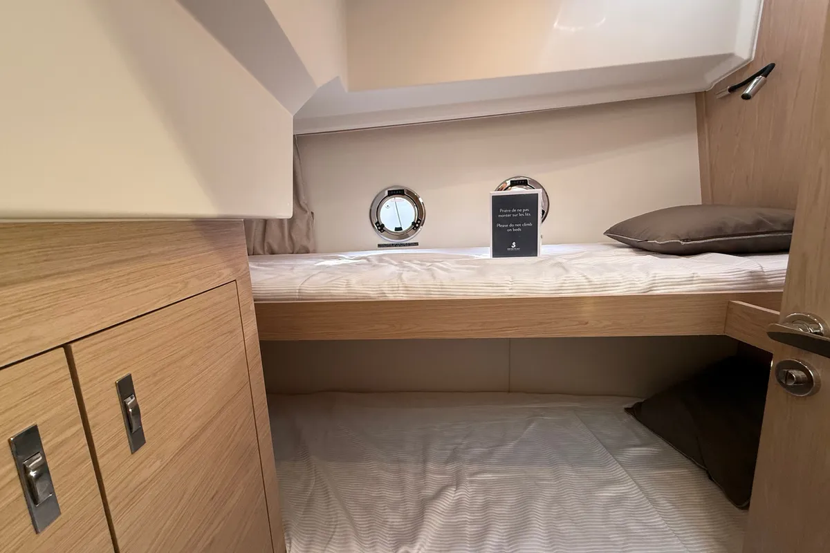 Cabin on ZOE, a Beneteau Swift Trawler 37 Fly motorboat at Split, Croatia