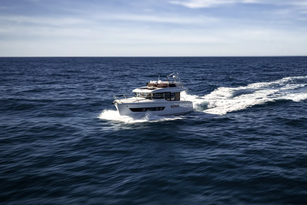 Exterior view of ZOE, a Beneteau Swift Trawler 37 Fly motorboat at Split, Croatia