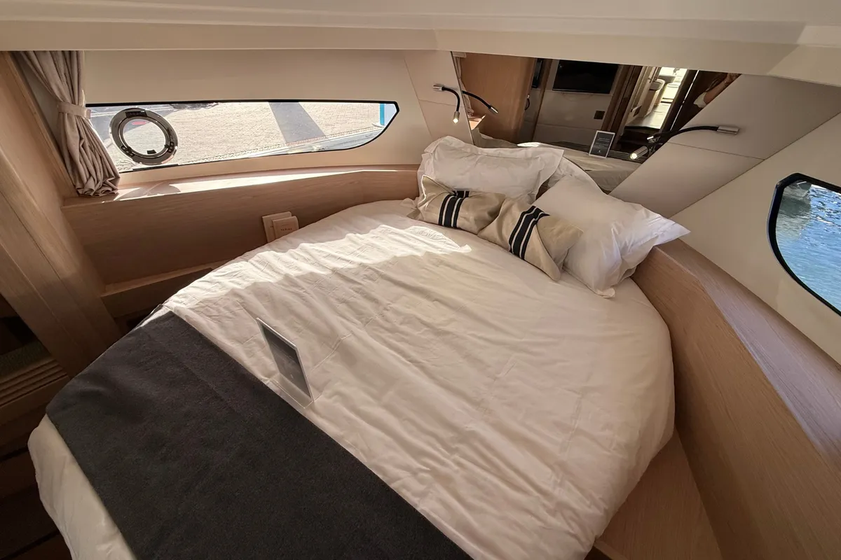 Cabin on ZOE, a Beneteau Swift Trawler 37 Fly motorboat at Split, Croatia