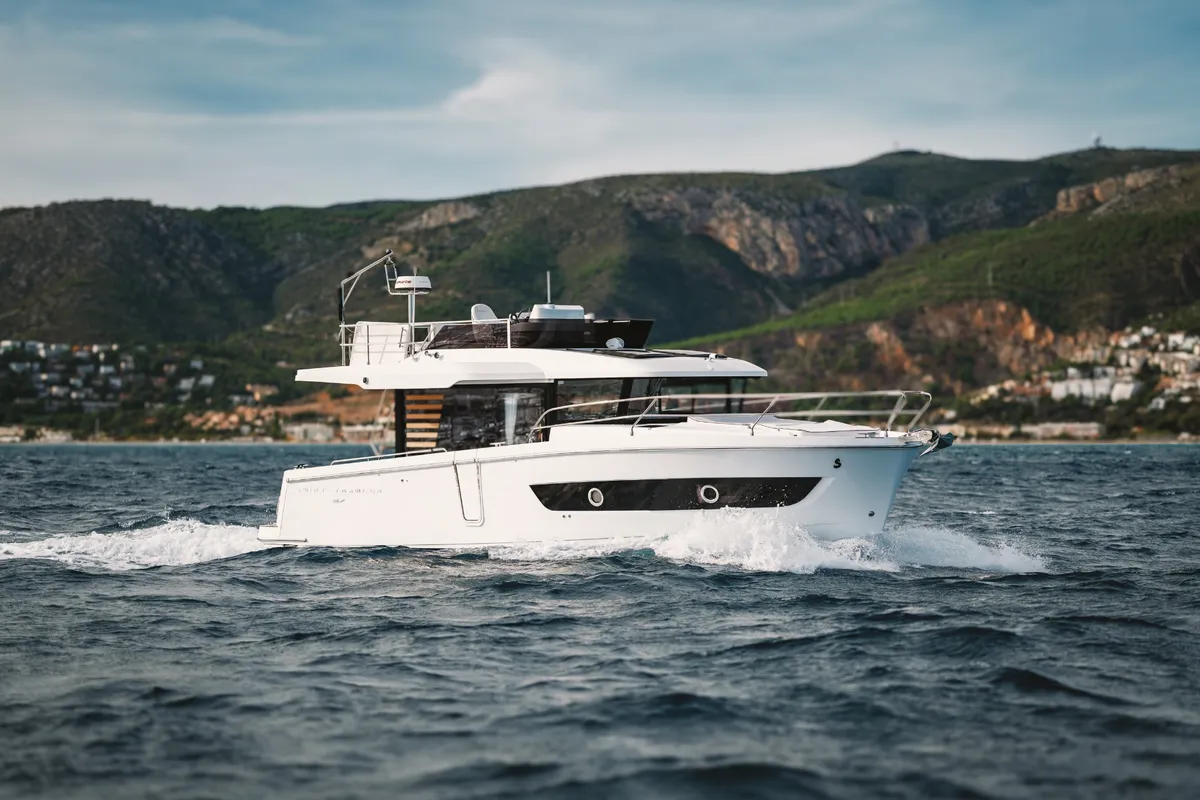 Exterior view of ZOE, a Beneteau Swift Trawler 37 Fly motorboat at Split, Croatia