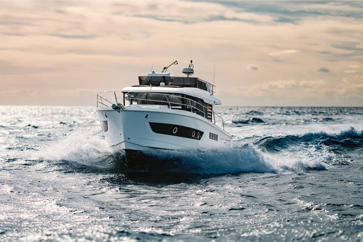 Exterior view of ZOE, a Beneteau Swift Trawler 37 Fly motorboat at Split, Croatia