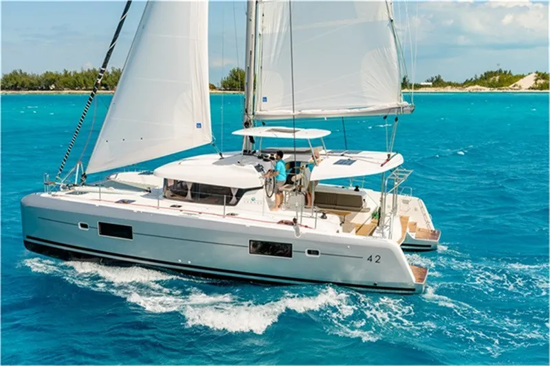 Exterior view of Nadia, a Lagoon 42 catamaran at Lefkada, Greece