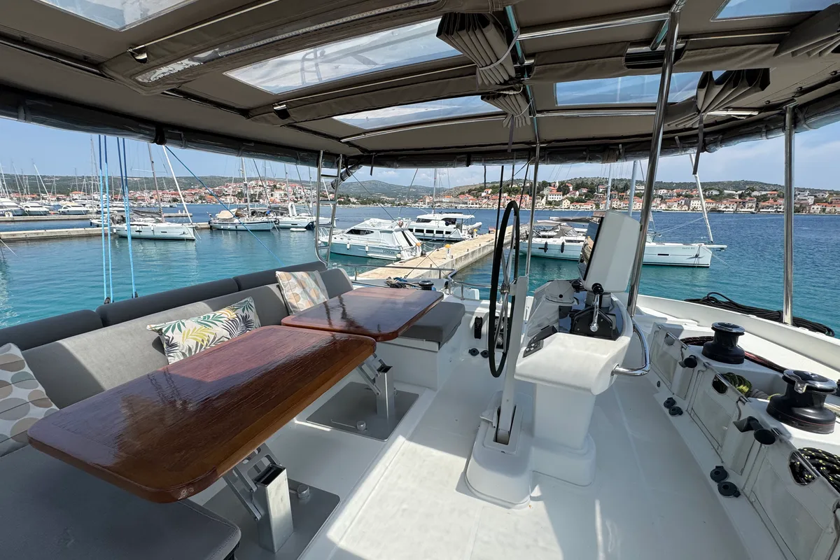Cockpit of Manta Ray, a Lagoon 52F catamaran at Općina Rogoznica, Croatia