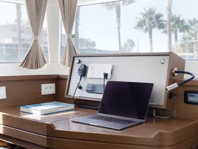 Salon of Greis, a Lagoon 450 Fly catamaran at Kos, Greece