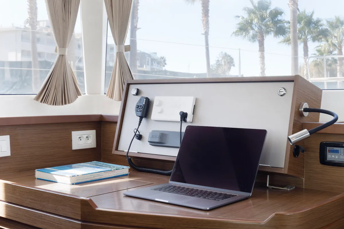 Salon of Greis, a Lagoon 450 Fly catamaran at Kos, Greece
