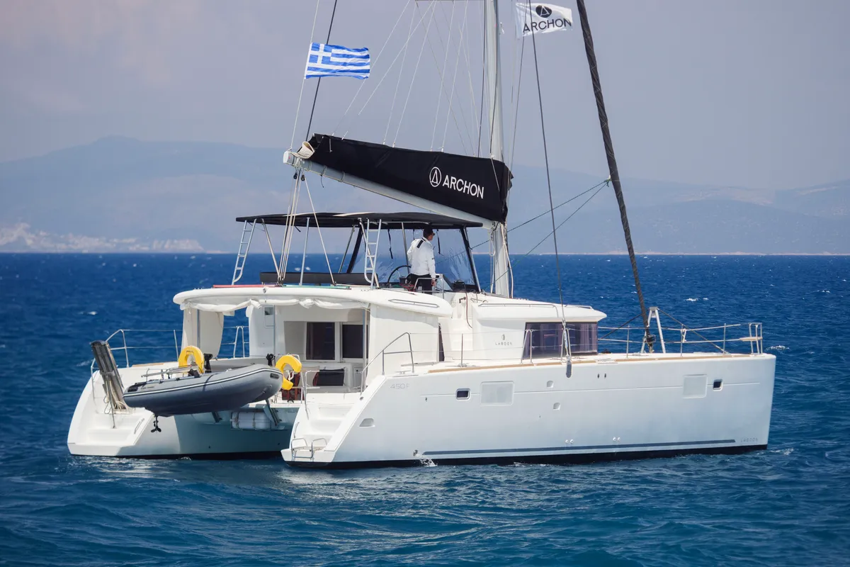 Exterior view of Greis, a Lagoon 450 Fly catamaran at Kos, Greece