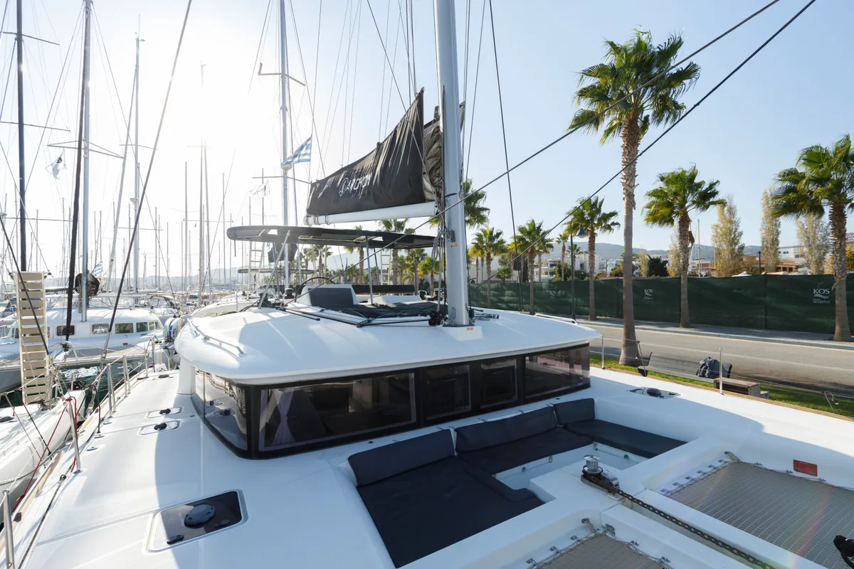 Deck of Greis, a Lagoon 450 Fly catamaran at Kos, Greece