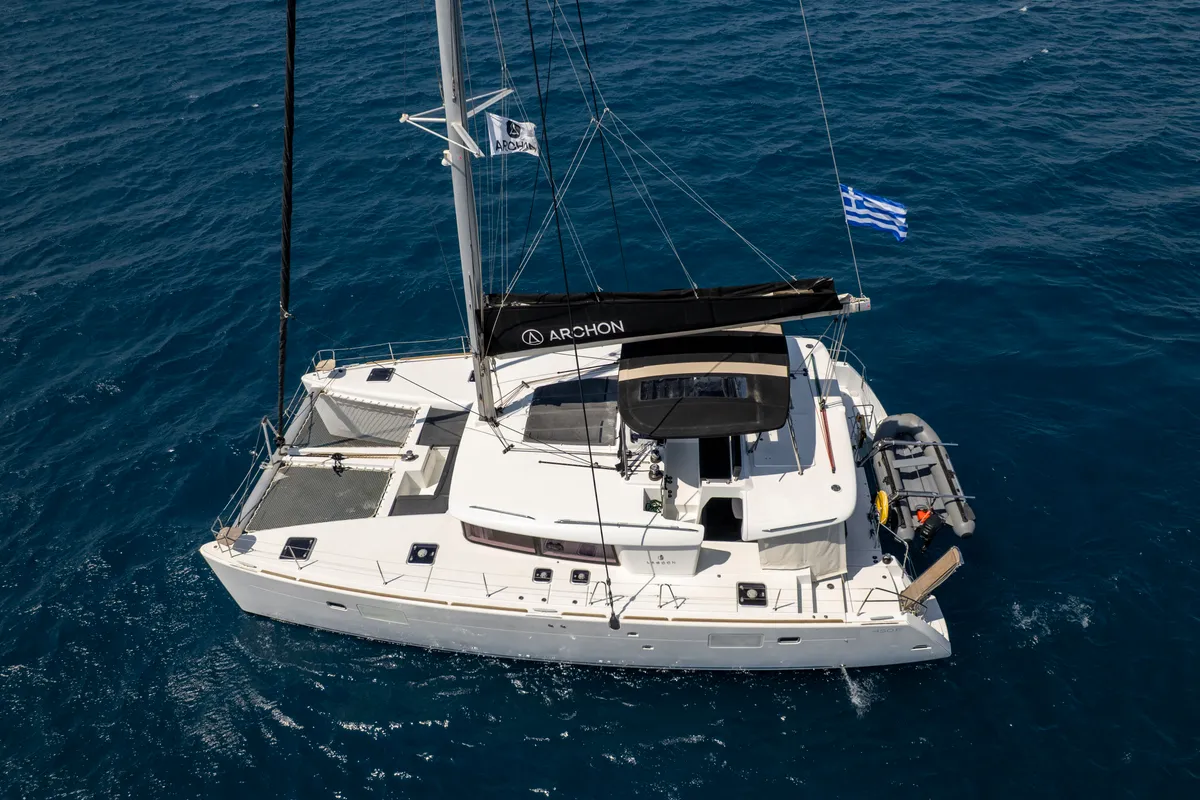 Exterior view of Greis, a Lagoon 450 Fly catamaran at Kos, Greece