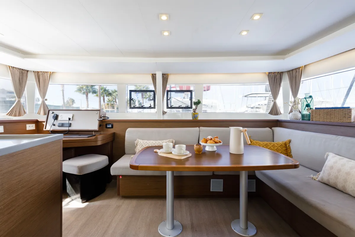 Salon of Greis, a Lagoon 450 Fly catamaran at Kos, Greece