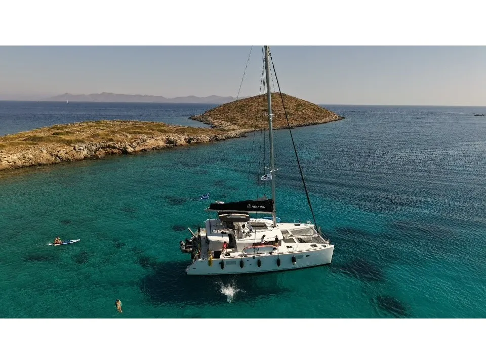 Exterior view of Greis, a Lagoon 450 Fly catamaran at Kos, Greece