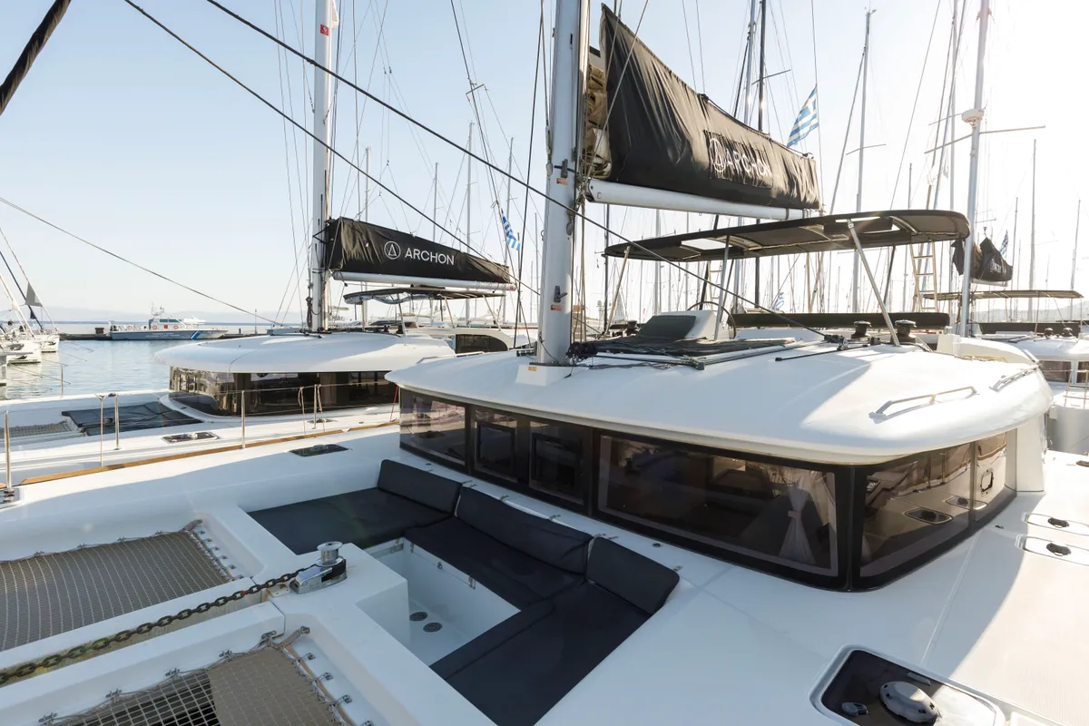 Deck of Greis, a Lagoon 450 Fly catamaran at Kos, Greece
