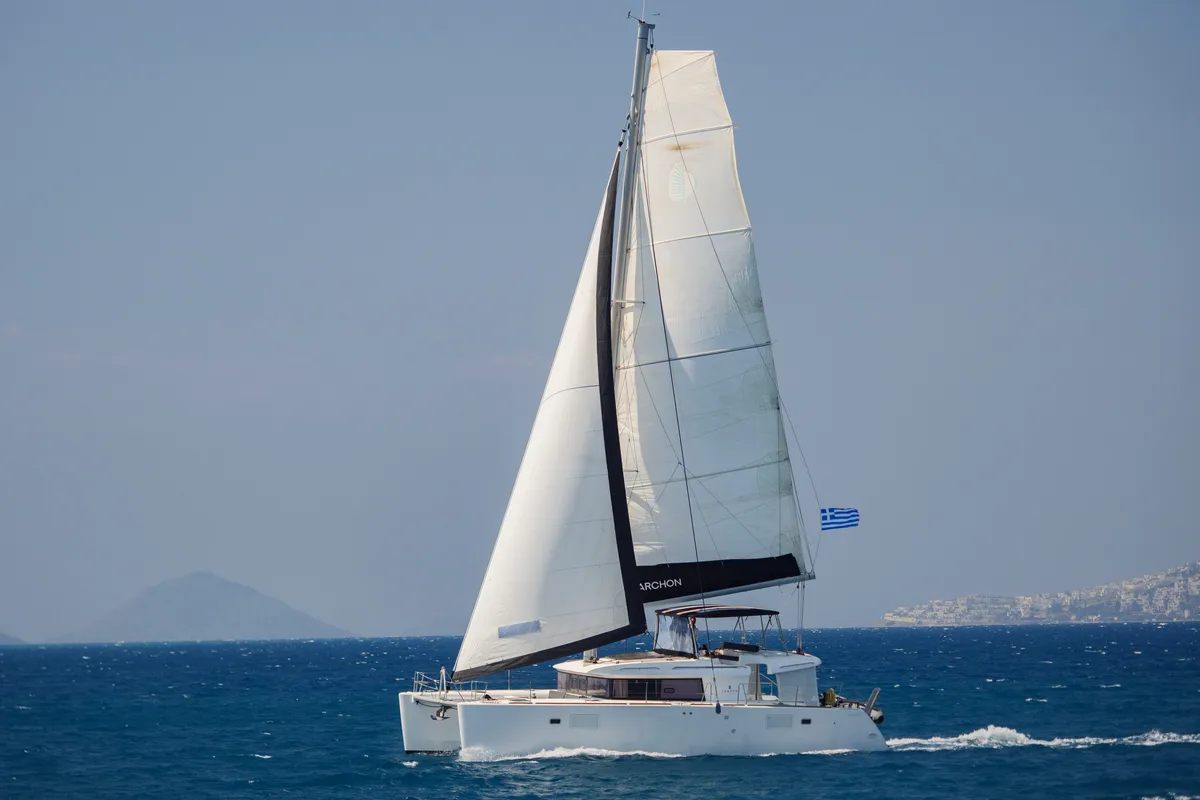Exterior view of Greis, a Lagoon 450 Fly catamaran at Kos, Greece