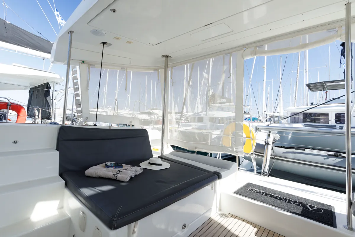 Deck of Greis, a Lagoon 450 Fly catamaran at Kos, Greece