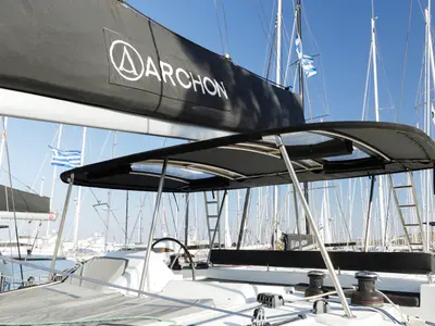 Cockpit of Greis, a Lagoon 450 Fly catamaran at Kos, Greece
