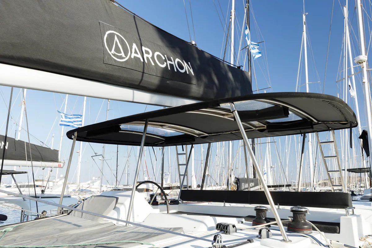 Cockpit of Greis, a Lagoon 450 Fly catamaran at Kos, Greece