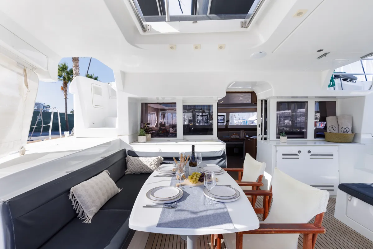 Deck of Greis, a Lagoon 450 Fly catamaran at Kos, Greece