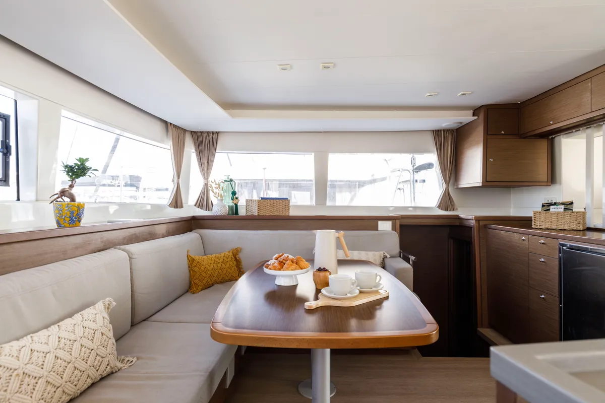 Salon of Greis, a Lagoon 450 Fly catamaran at Kos, Greece