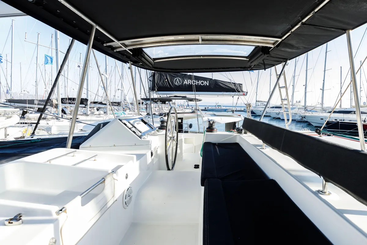 Cockpit of Greis, a Lagoon 450 Fly catamaran at Kos, Greece