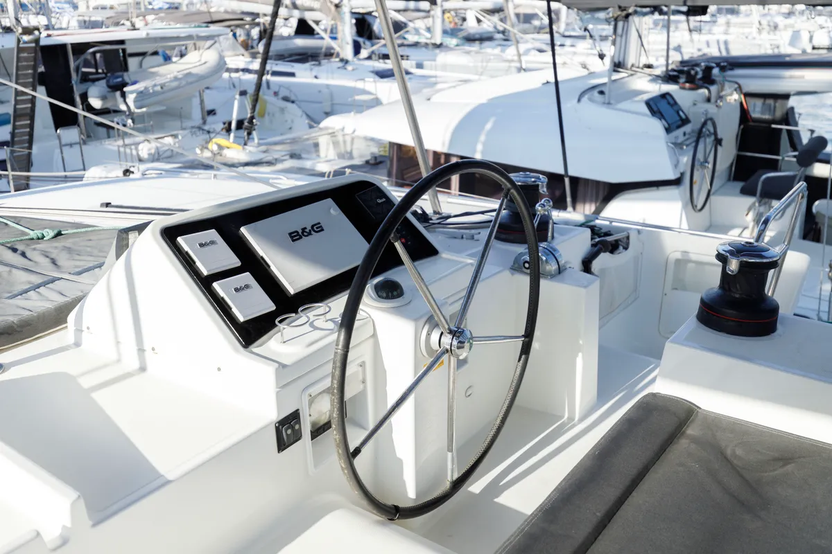 Cockpit of Greis, a Lagoon 450 Fly catamaran at Kos, Greece
