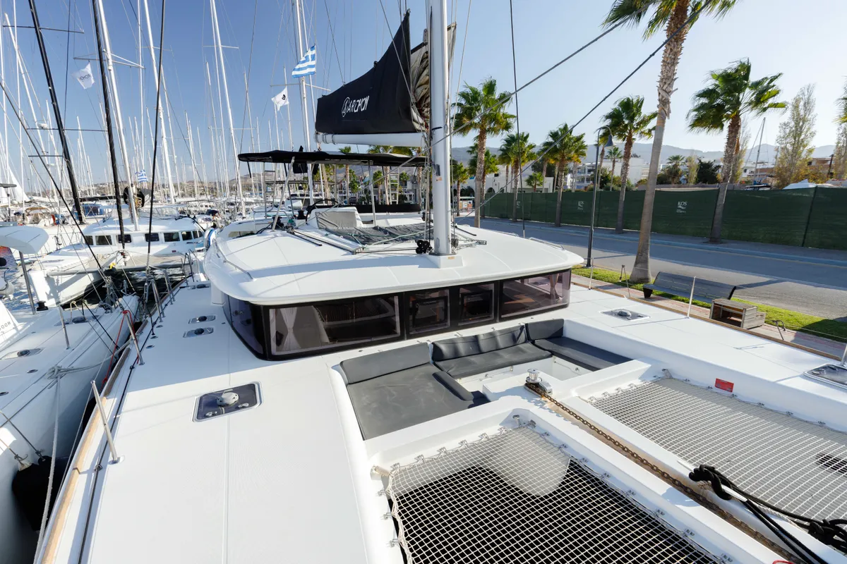 Deck of Greis, a Lagoon 450 Fly catamaran at Kos, Greece