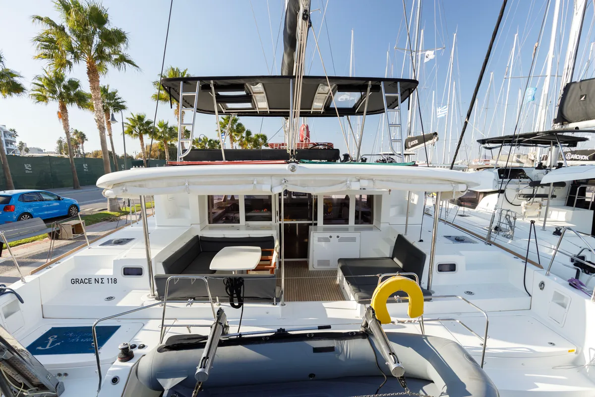Deck of Greis, a Lagoon 450 Fly catamaran at Kos, Greece