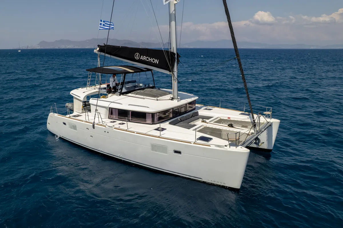 Exterior view of Greis, a Lagoon 450 Fly catamaran at Kos, Greece