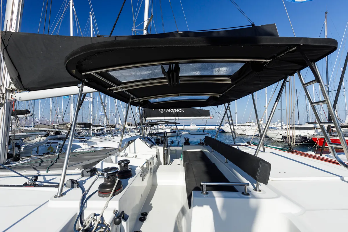 Cockpit of Greis, a Lagoon 450 Fly catamaran at Kos, Greece