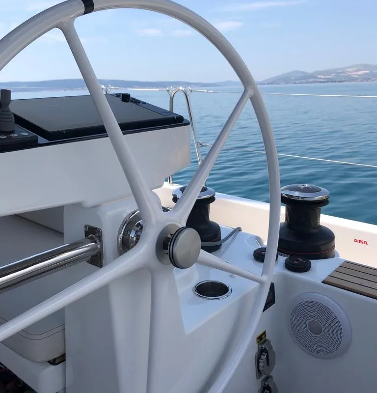 Cockpit of White Bird , a Beneteau Oceanis Yacht 54 sailboat at Općina Rogoznica, Croatia
