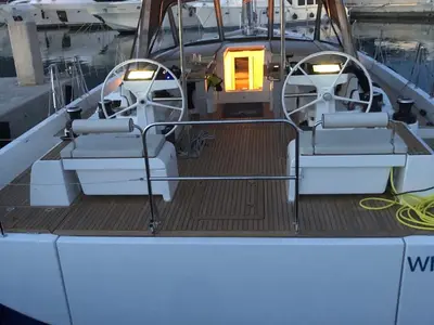 Cockpit of White Bird , a Beneteau Oceanis Yacht 54 sailboat at Općina Rogoznica, Croatia