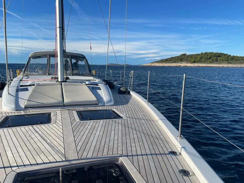 Deck of White Bird , a Beneteau Oceanis Yacht 54 sailboat at Općina Rogoznica, Croatia