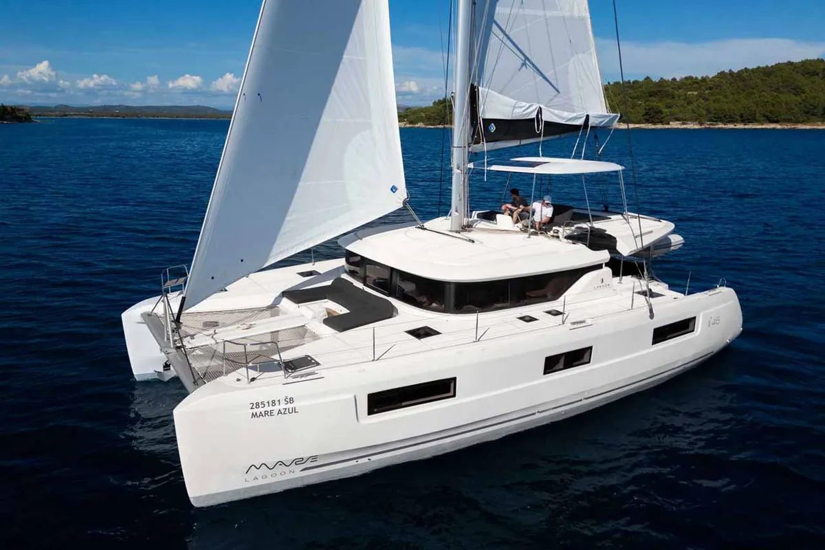 Exterior view of Mare Azul, a Lagoon 46 catamaran at Grad Šibenik, Croatia