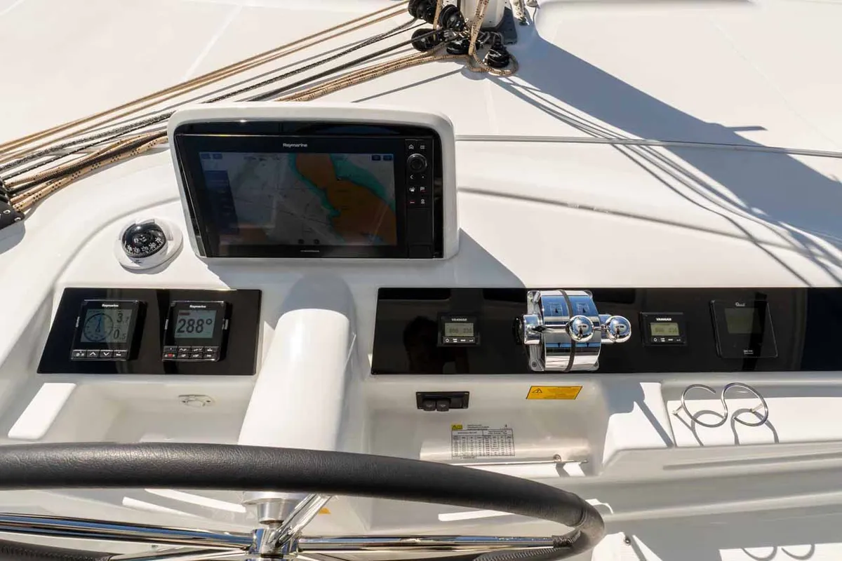 Cockpit of Mare Azul, a Lagoon 46 catamaran at Grad Šibenik, Croatia