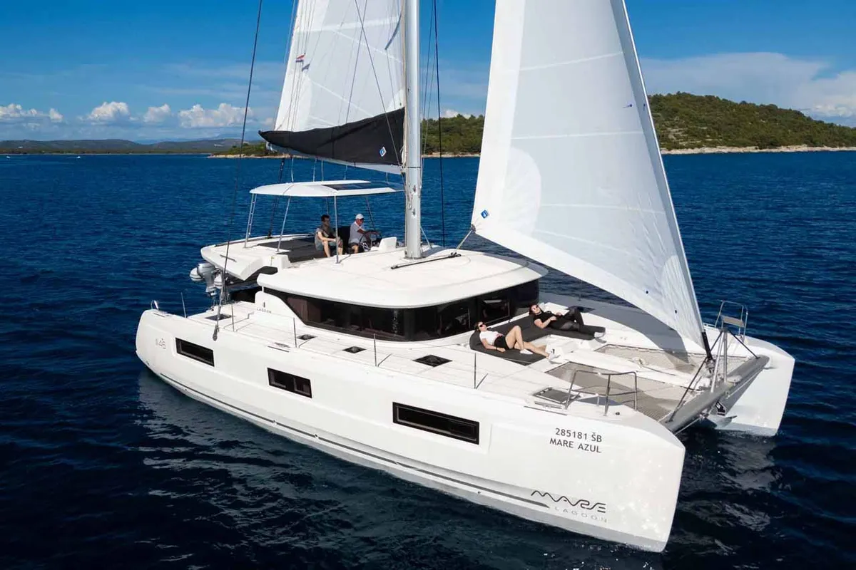 Exterior view of Mare Azul, a Lagoon 46 catamaran at Grad Šibenik, Croatia