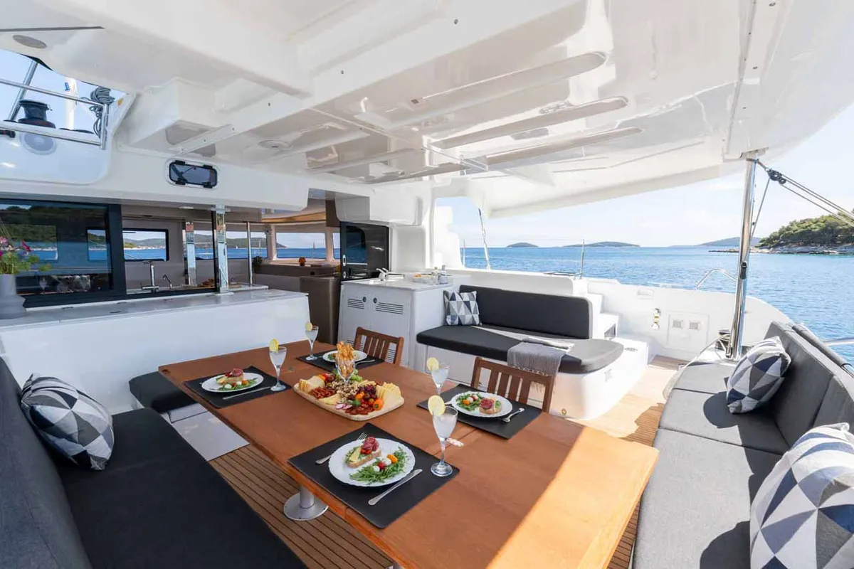 Deck of Mare Azul, a Lagoon 46 catamaran at Grad Šibenik, Croatia