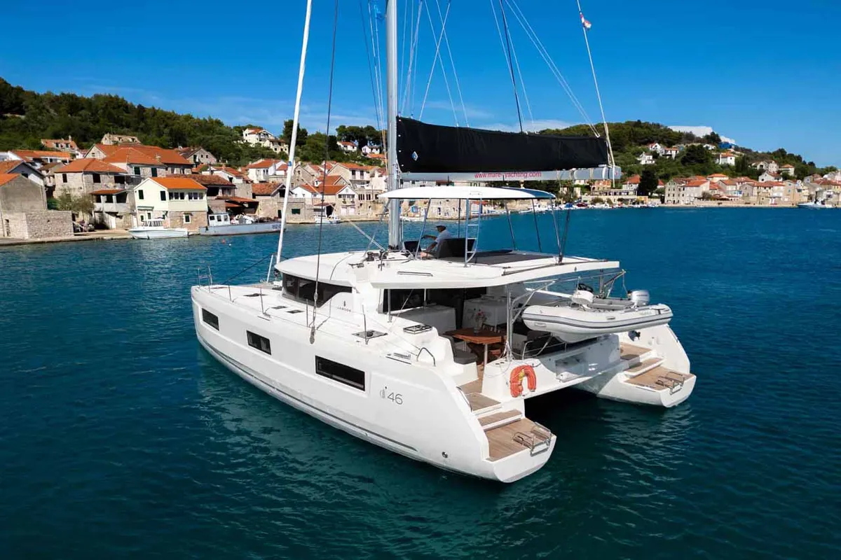 Exterior view of Mare Azul, a Lagoon 46 catamaran at Grad Šibenik, Croatia