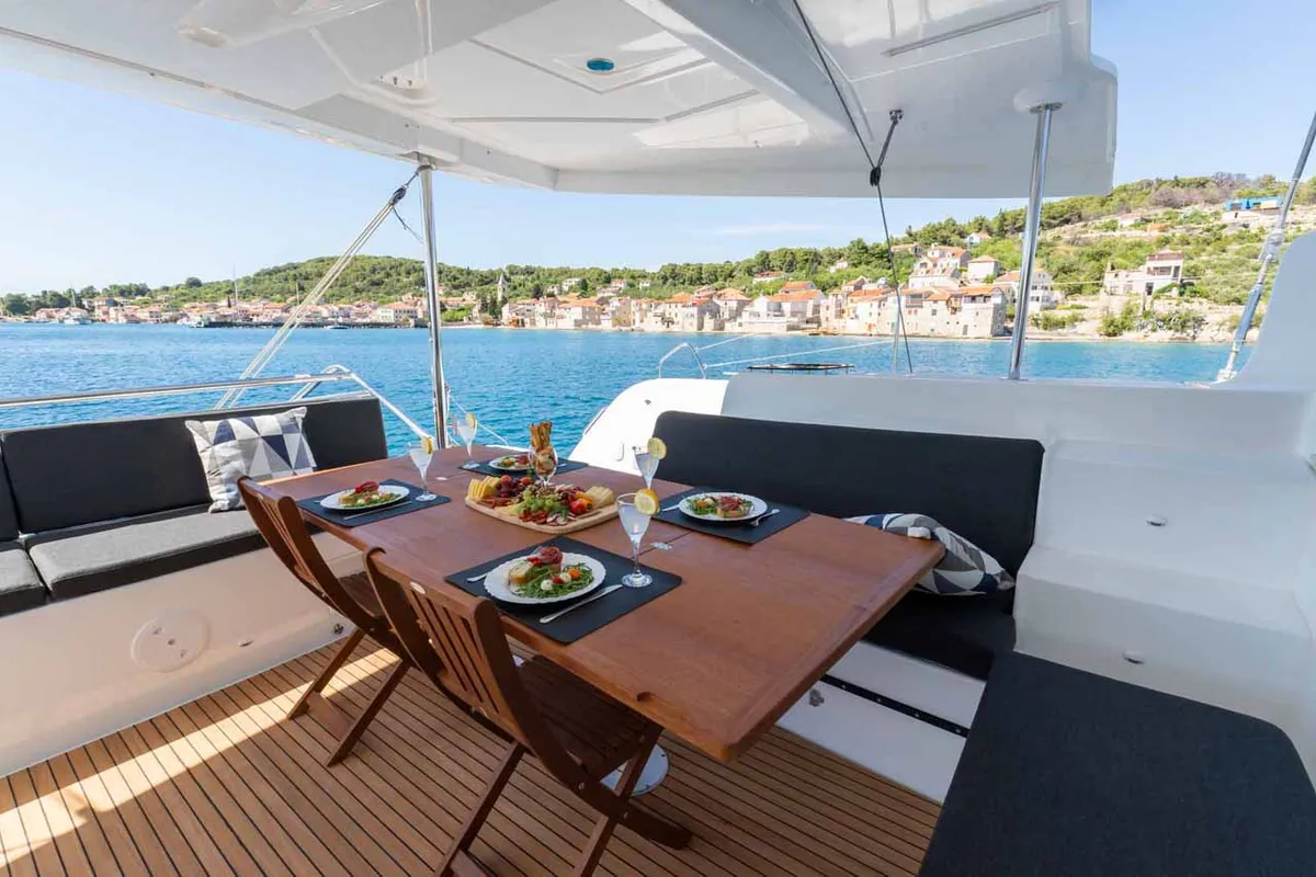 Deck of Mare Azul, a Lagoon 46 catamaran at Grad Šibenik, Croatia