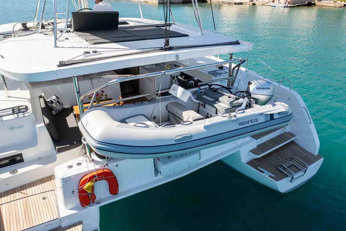 Deck of Mare Azul, a Lagoon 46 catamaran at Grad Šibenik, Croatia