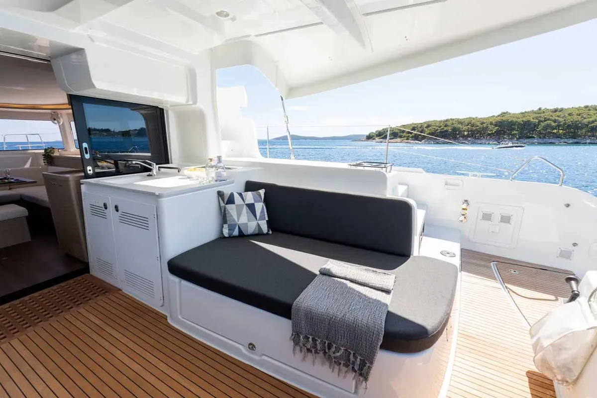 Deck of Mare Azul, a Lagoon 46 catamaran at Grad Šibenik, Croatia