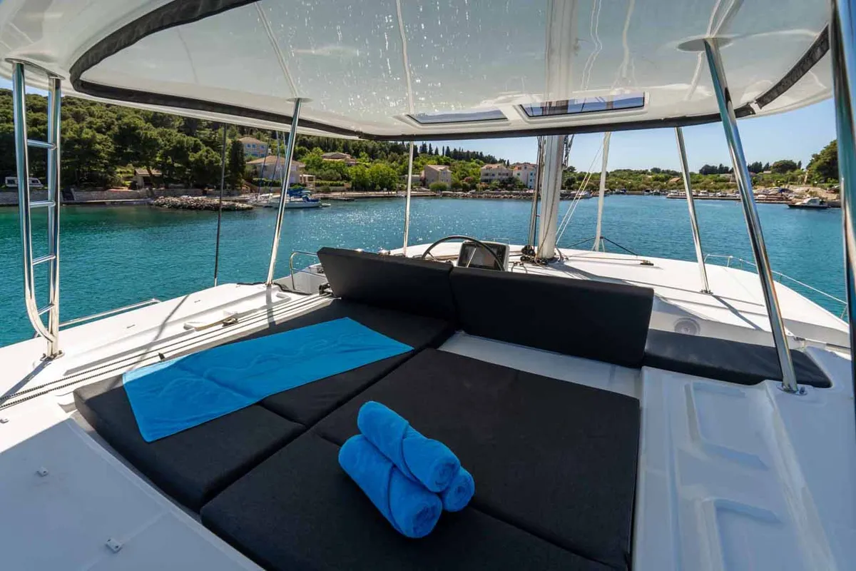 Deck of Mare Azul, a Lagoon 46 catamaran at Grad Šibenik, Croatia