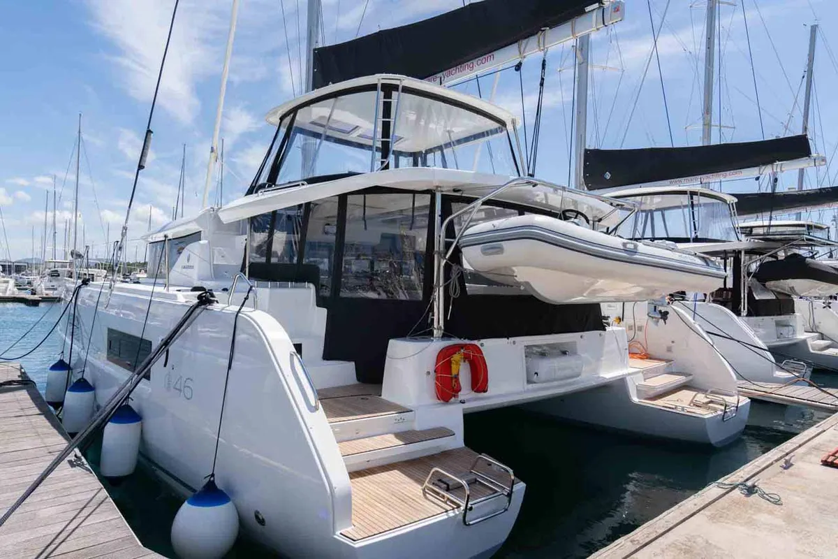 Exterior view of Mare Azul, a Lagoon 46 catamaran at Grad Šibenik, Croatia