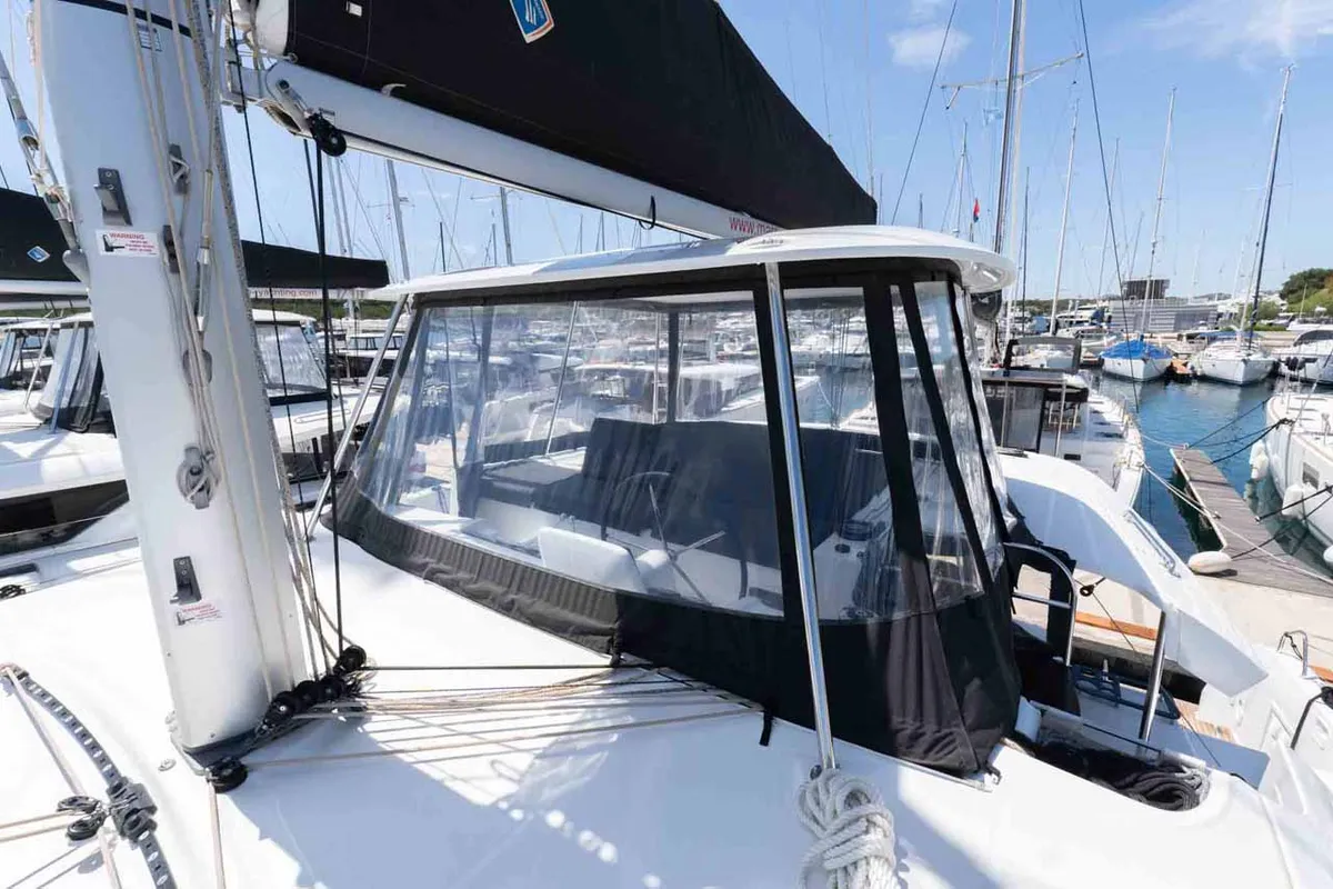 Exterior view of Mare Azul, a Lagoon 46 catamaran at Grad Šibenik, Croatia