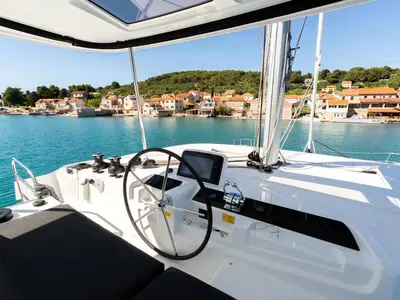 Cockpit of Mare Azul, a Lagoon 46 catamaran at Grad Šibenik, Croatia