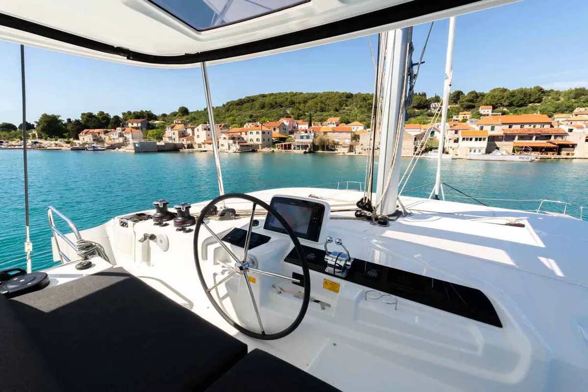 Cockpit of Mare Azul, a Lagoon 46 catamaran at Grad Šibenik, Croatia