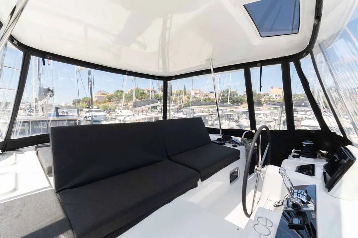 Cockpit of Mare Azul, a Lagoon 46 catamaran at Grad Šibenik, Croatia