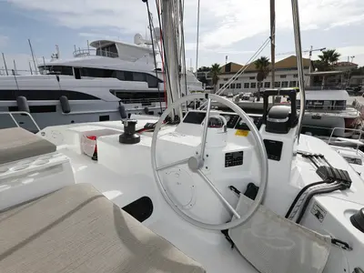 Cockpit of Queen Bee, a Bali Catspace catamaran at Općina Rogoznica, Croatia