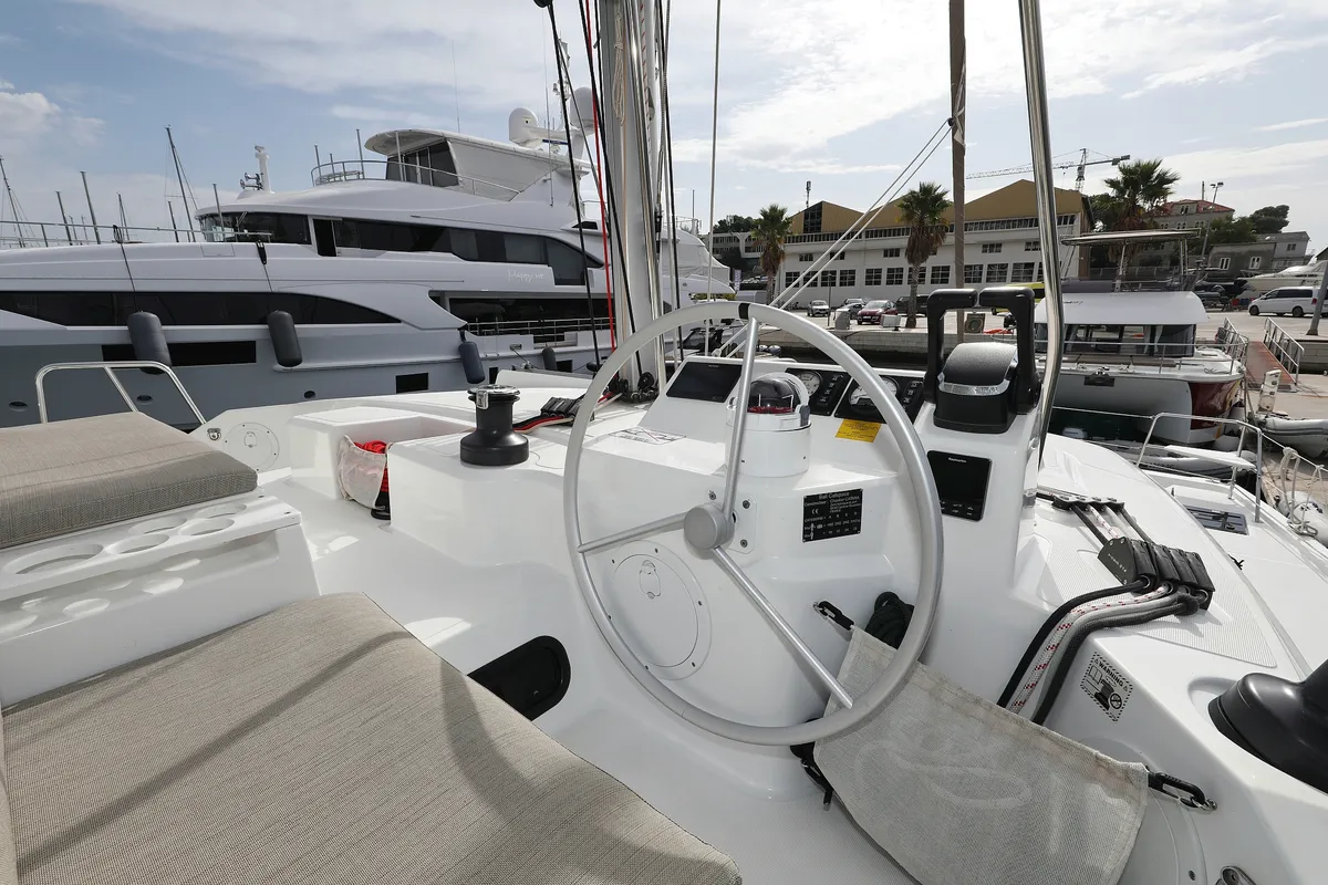 Cockpit of Queen Bee, a Bali Catspace catamaran at Općina Rogoznica, Croatia