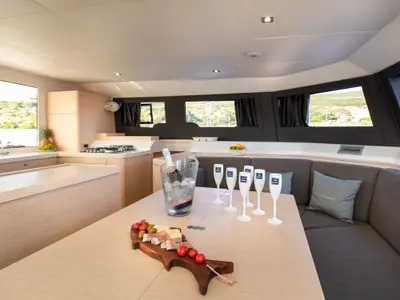 Salon of Catamarino, a Dufour 48 Catamaran catamaran at Primošten, Croatia