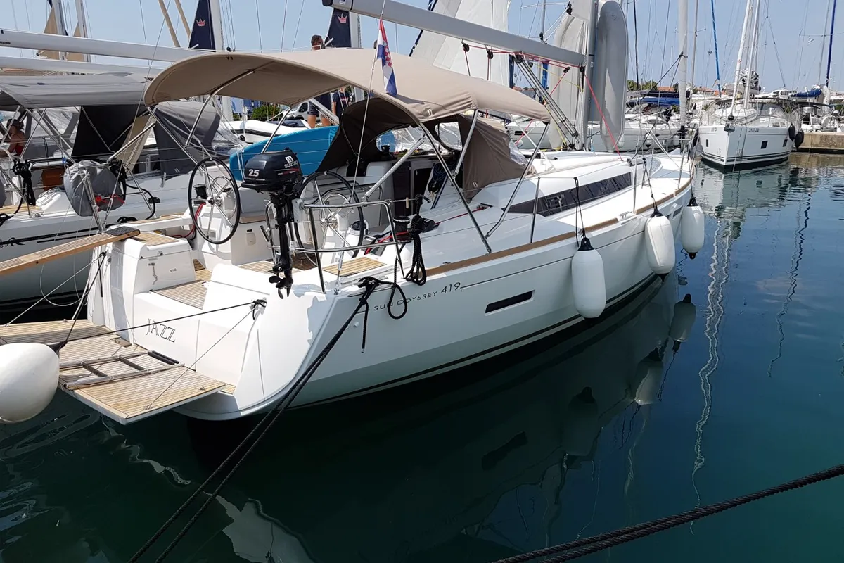 Exterior view of Jazz, a Jeanneau Sun Odyssey 419 sailboat at Općina Sukošan, Croatia