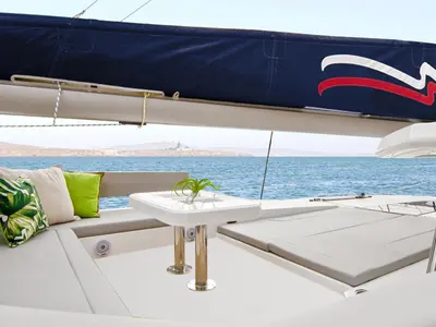 Deck of Moorings 4500L/10 Club, a Leopard 45 catamaran at Nassau, Bahamas