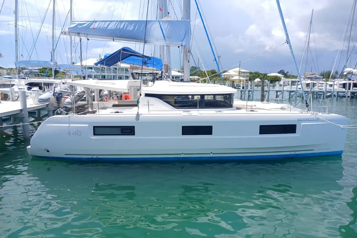 Exterior view of Lagoon 46, a catamaran at Central Abaco, Bahamas